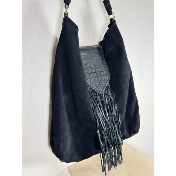 Margot Handbags - Margot Leather Hobo Tote Bag Purse Black Suede Fringe Festival Bohemian Western